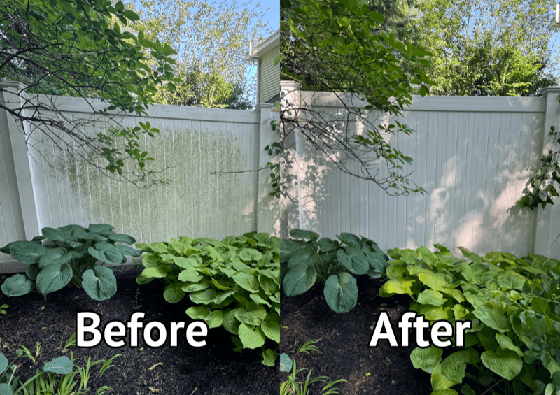 Before and after pressure washing a vinyl fence in Andover, MA