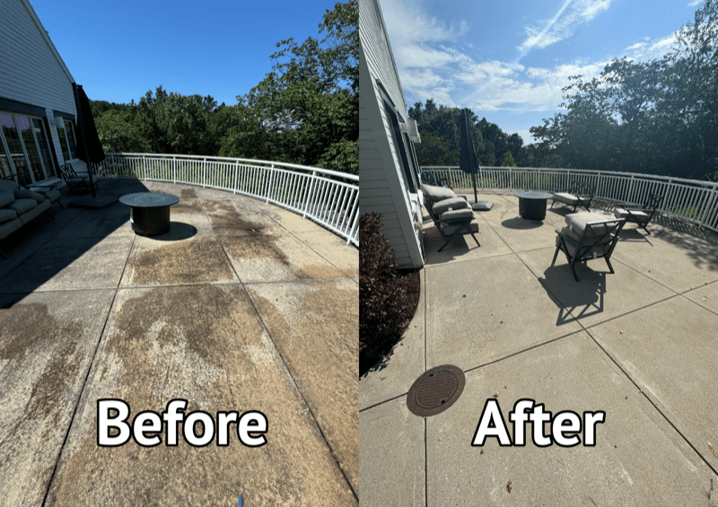Before and after pressure washing a patio in North Andover, MA