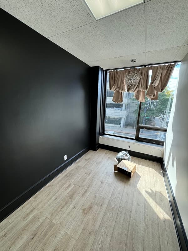 Modern commercial office with dark matte walls and wood accent paneling in Boston, MA